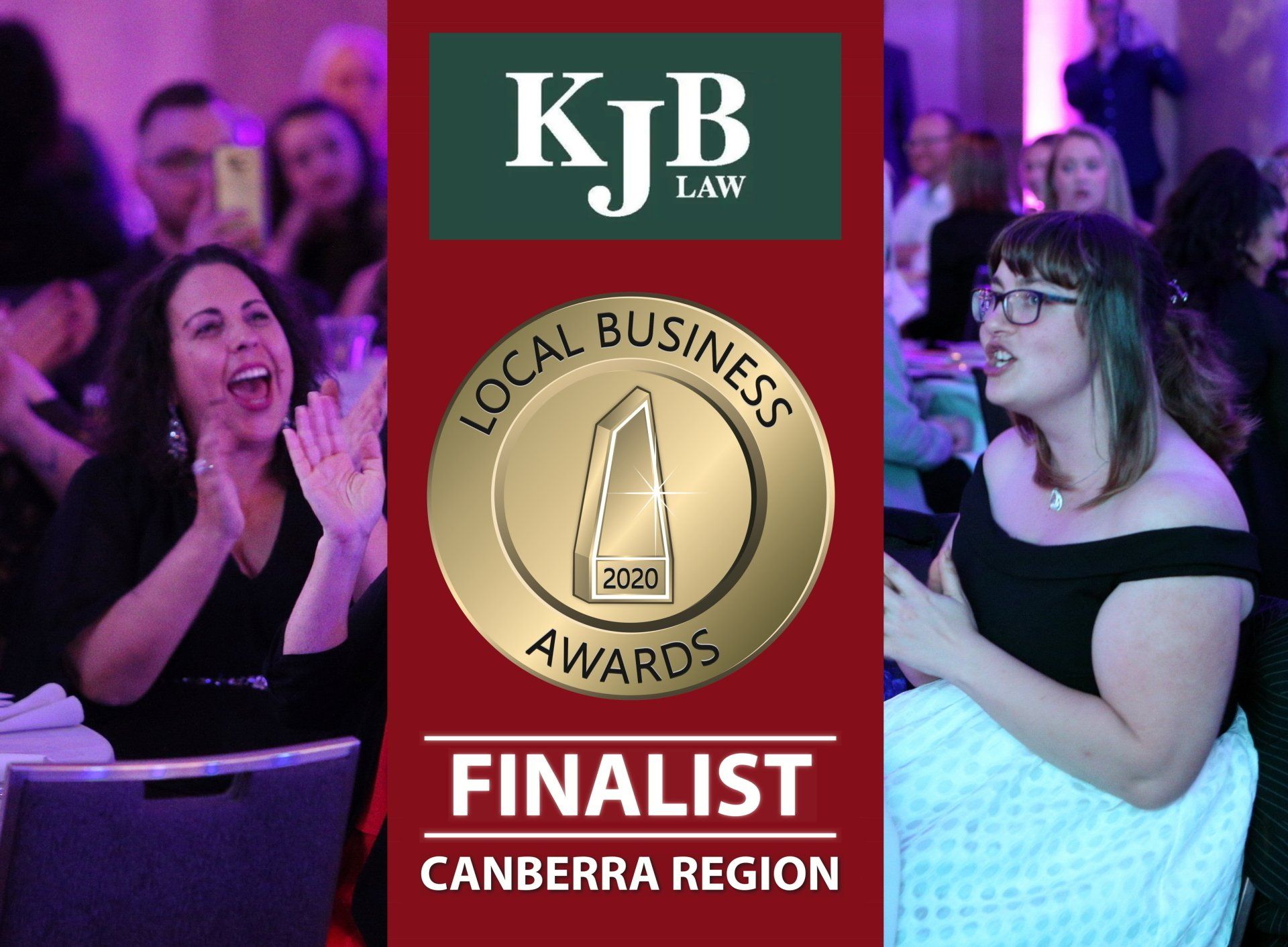 Two women at a Canberra region awards event, one cheering. Gold award logo reads “Local Business Awards Finalist.”