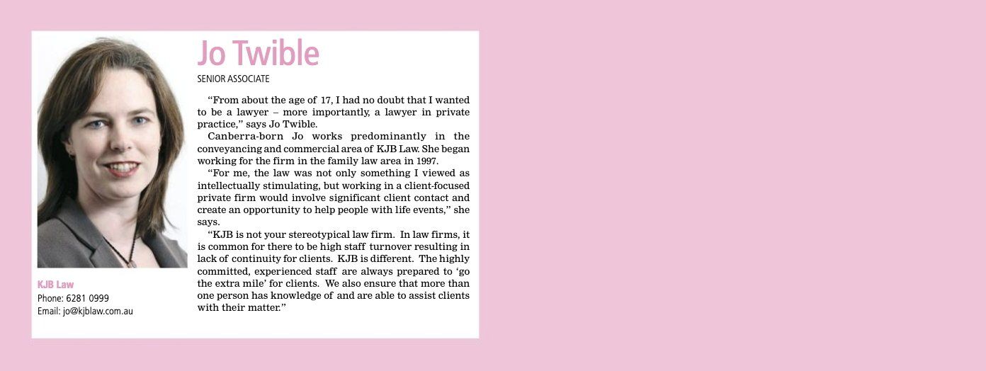 Jo Twible. Headshot of woman with accompanying text on pink background.