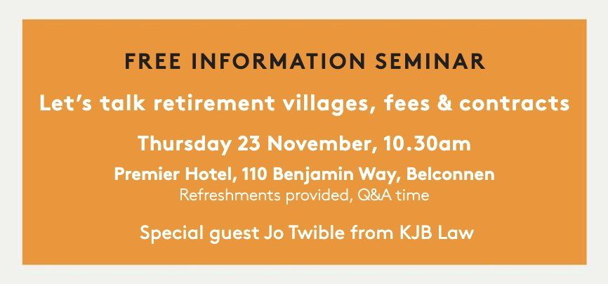 Orange flyer: free retirement information seminar, November 23, 10:30am, Premier Hotel, with guest Jo Twible from KJB Law.