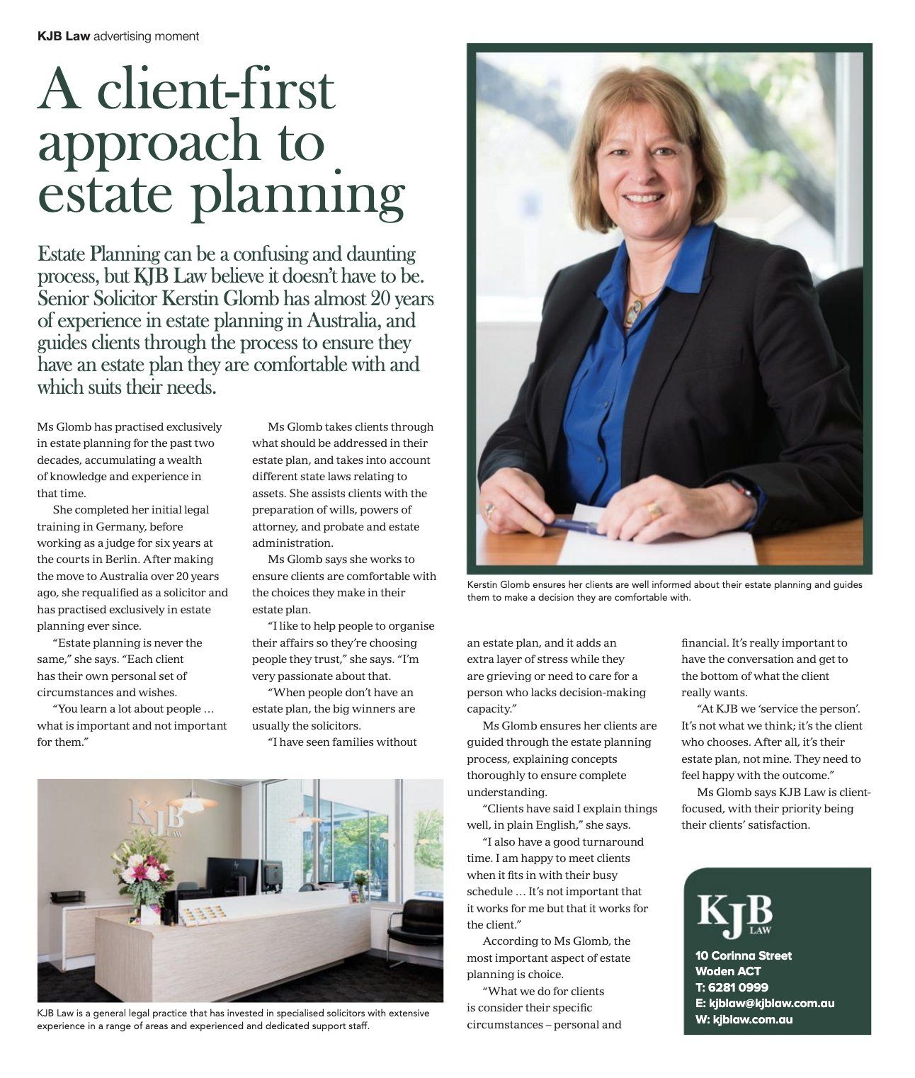 Woman in a business suit, seated and smiling. Estate planning article in office setting.