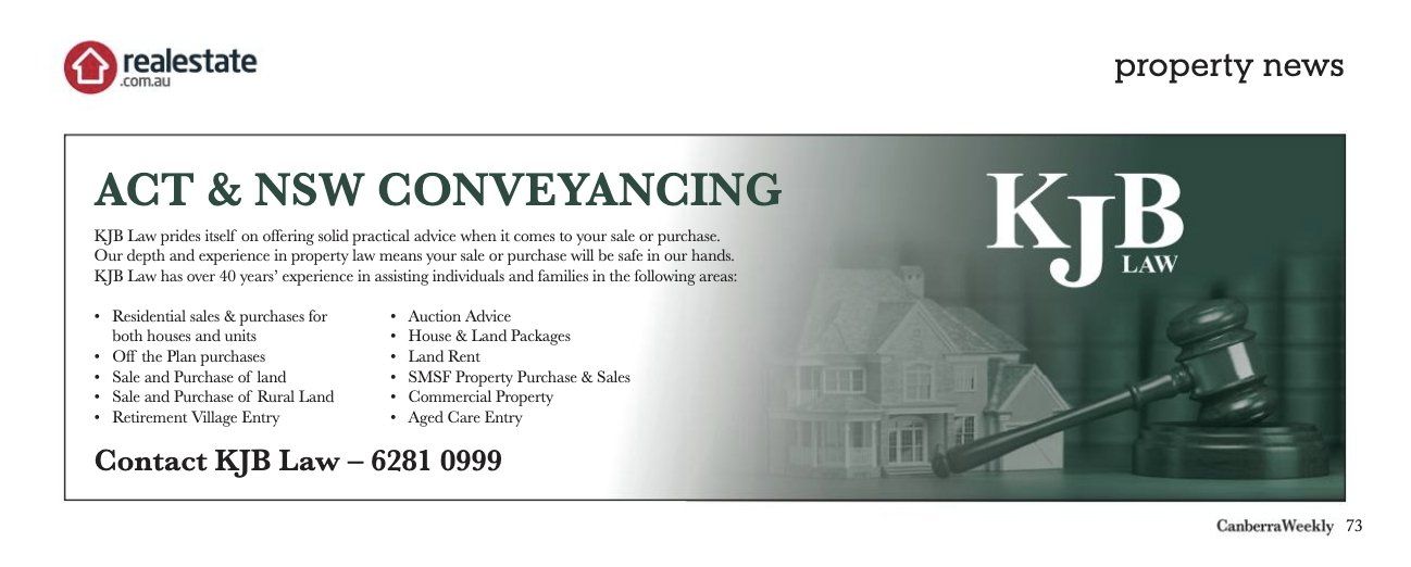Advertisement for KJB Law, offering ACT & NSW Conveyancing services. Features a gavel, house image, and contact details.