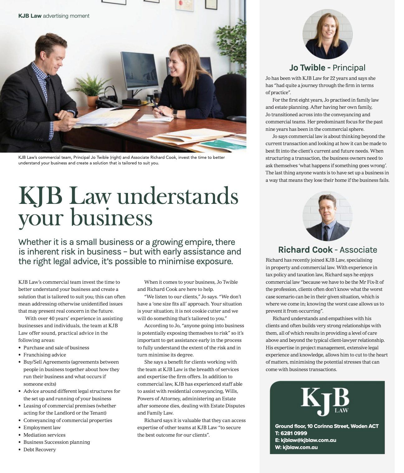 KJB Law article: Lawyer in suit advises a woman, photos of lawyers, text about business law.