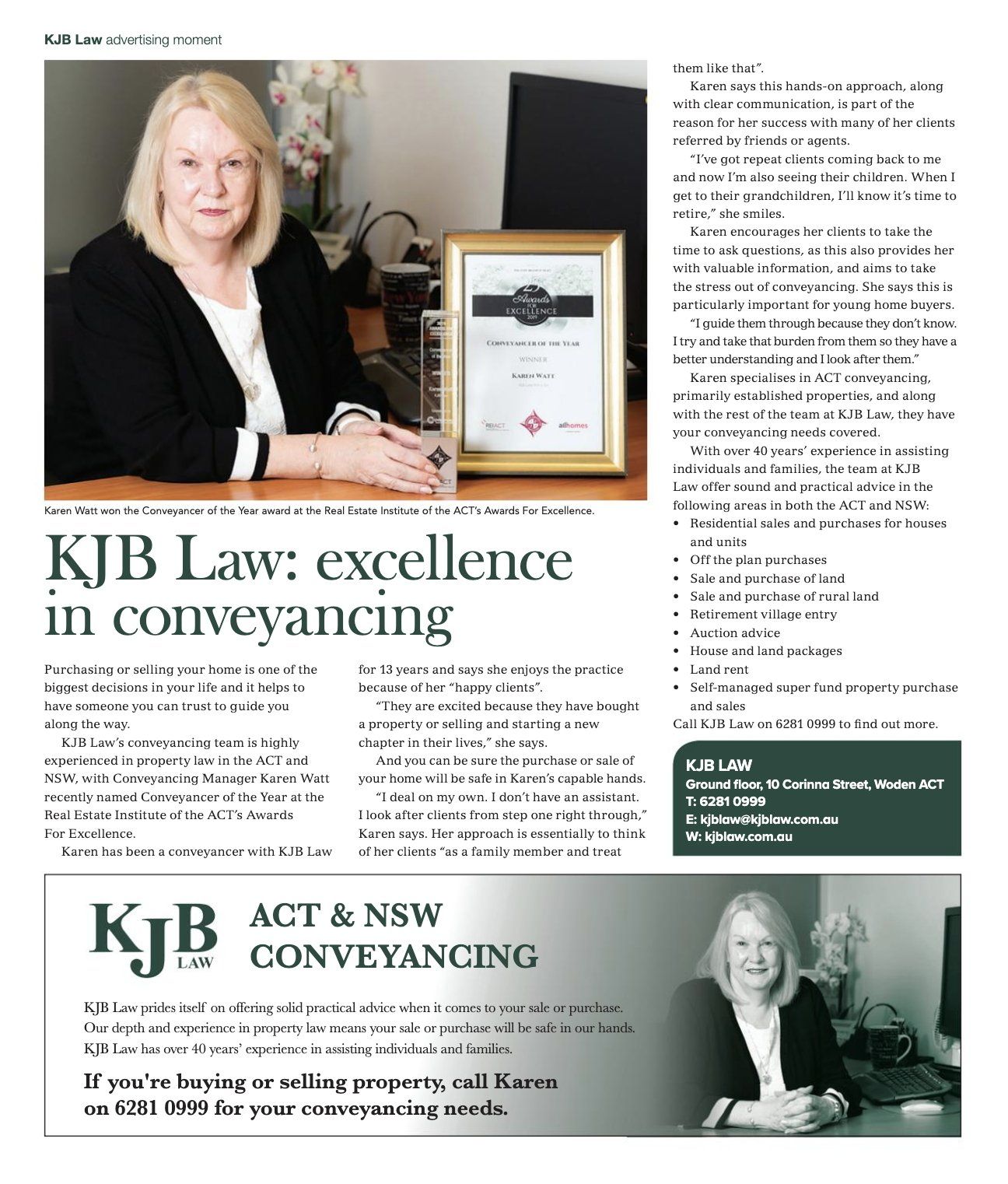 Woman in a blazer at a desk, KJB Law ad, framed certificate, text: 