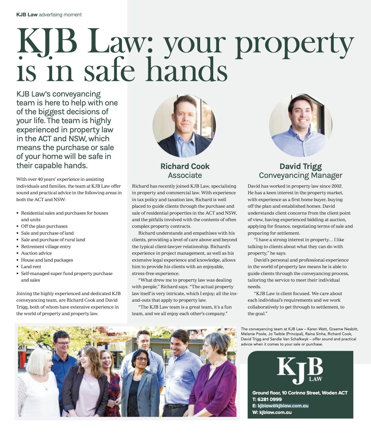 KJB Law advertisement: headshots of Richard Cook and David Trigg, group of people in front of house.