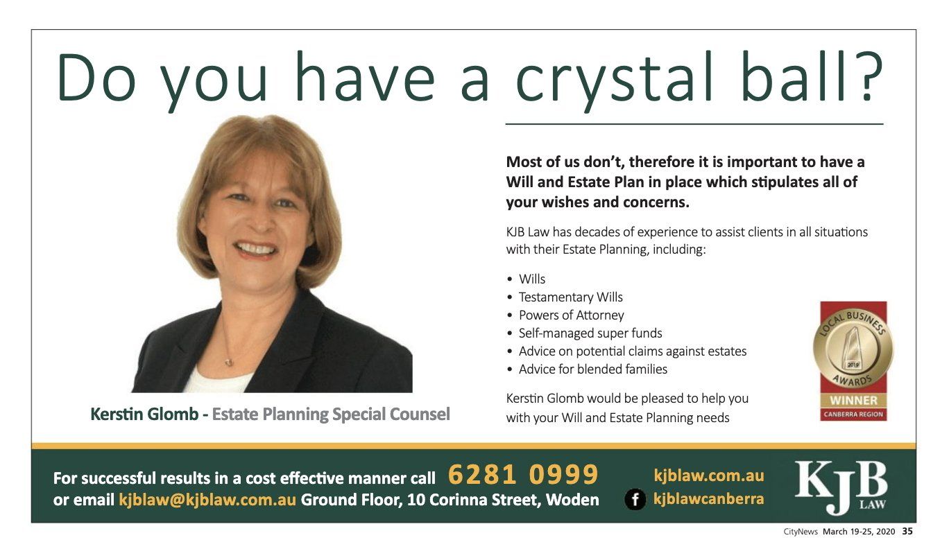 Advertisement: Woman with a smile promoting estate planning. Text 