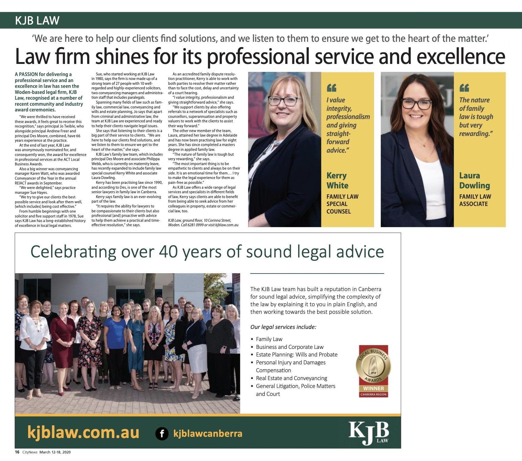 KJB Law firm advertisement: headshots of two women, group photo, website address, and text on legal services.