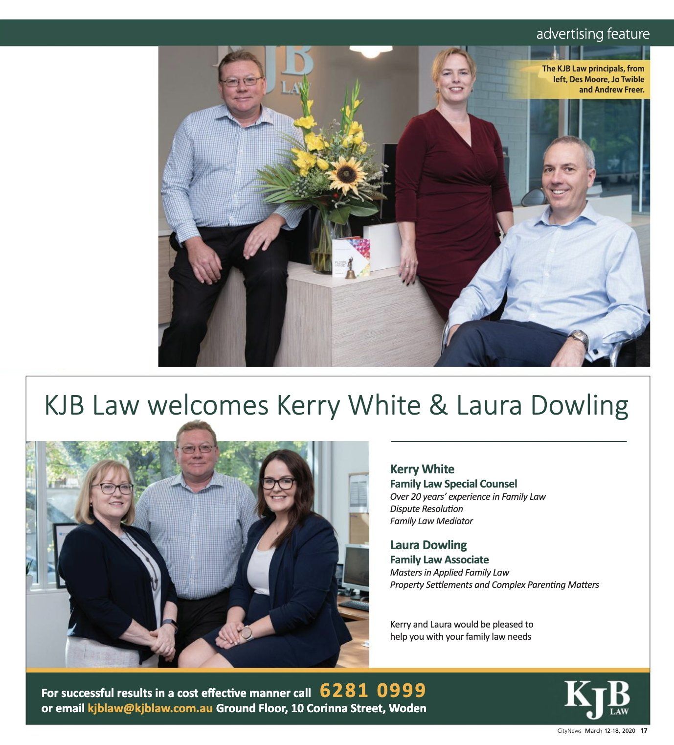 KJB Law advertisement: Photos of new hires Kerry White & Laura Dowling; office setting.
