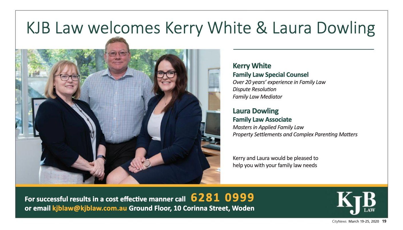 KJB Law ad: three professionals, Kerry White & Laura Dowling, welcomed. Contact info provided.
