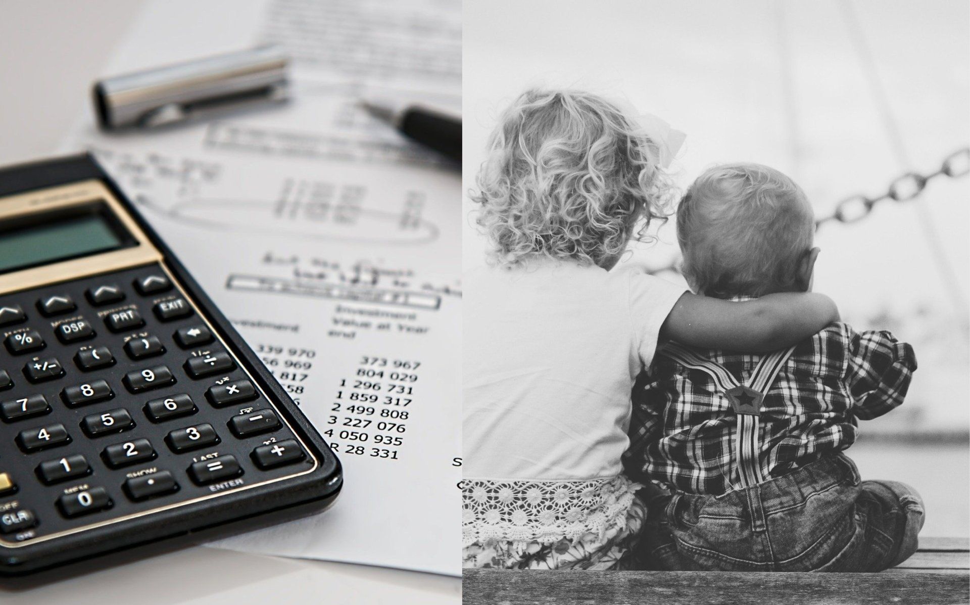 Calculator and financial document next to a woman and child looking out.