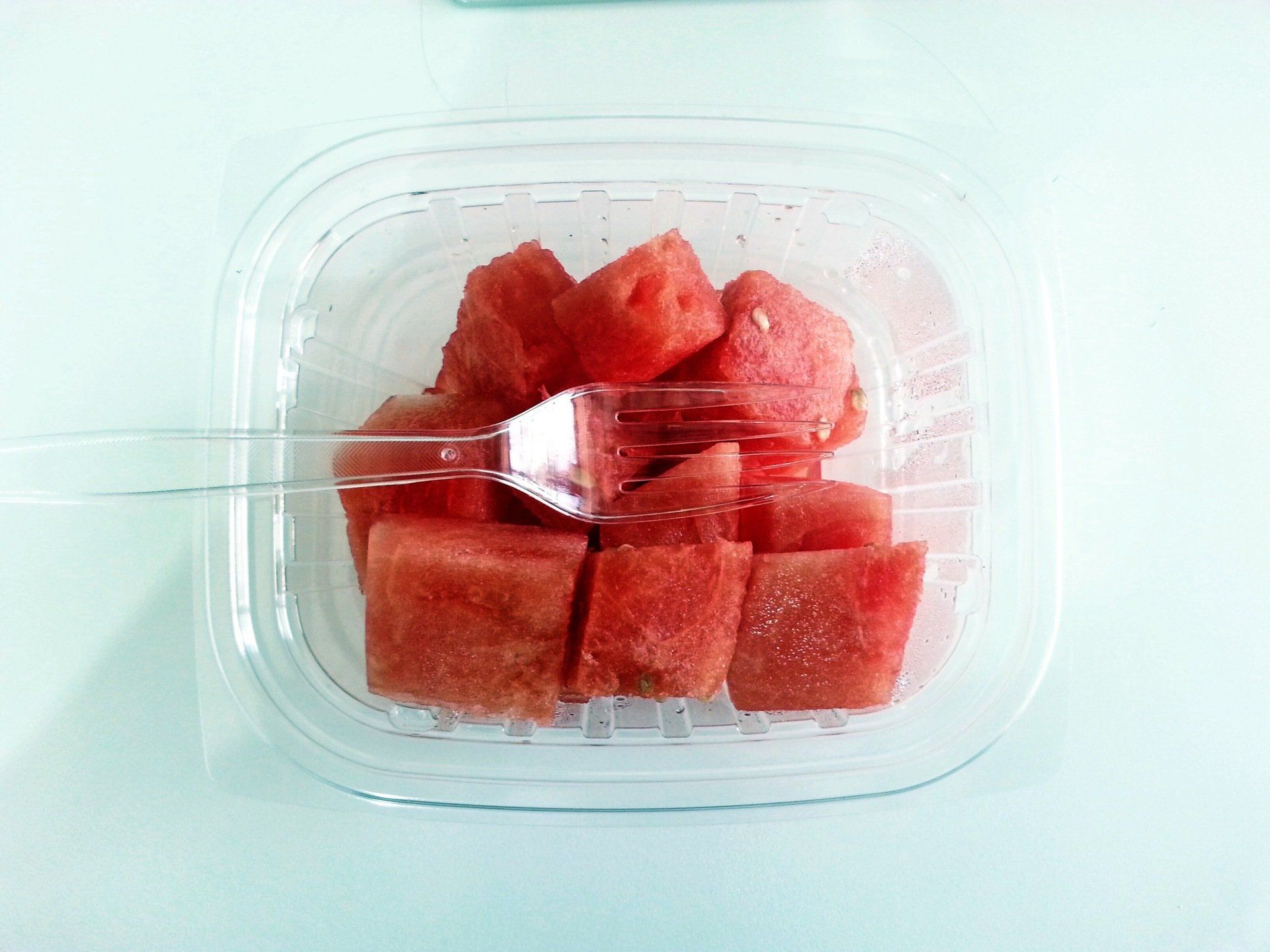 Watermelon slices in a plastic container with a fork
