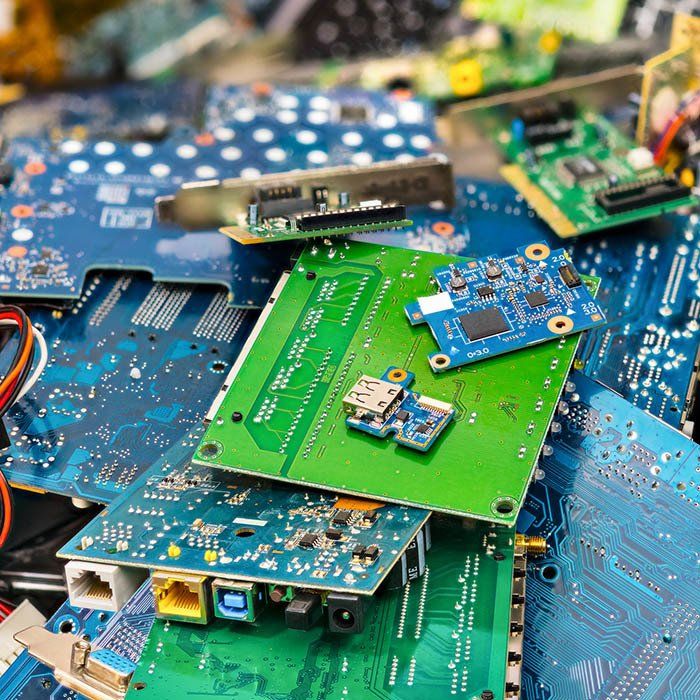 Pile of colorful circuit boards, blue and green, with electronic components.