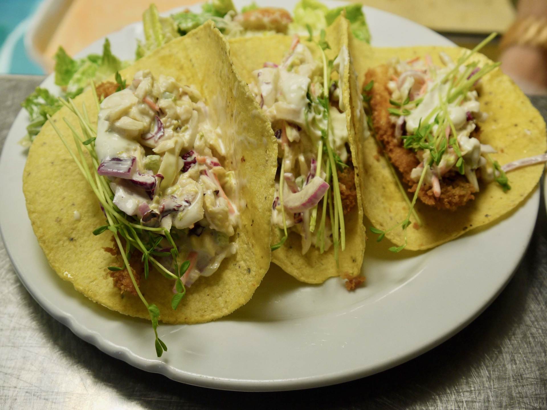 Three tacos with coleslaw and lettuce on a white plate.