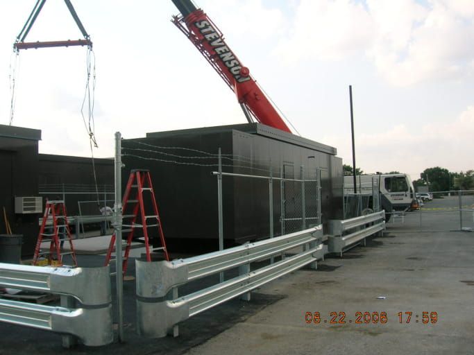 A large red crane with the word stevens on it