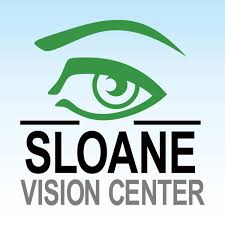 A logo for sloane vision center with a green eye on a blue background.