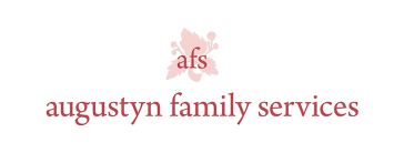 A logo for augustyn family services with a pink flower