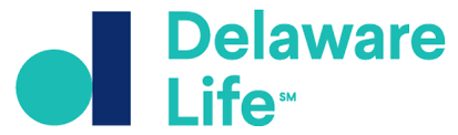 The delaware life logo is blue and white on a white background.