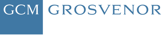 A blue and white logo for ccm grosvenor