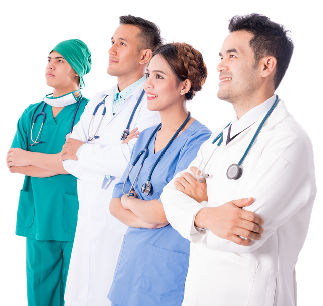 Medical professionals looking up with crossed arms.