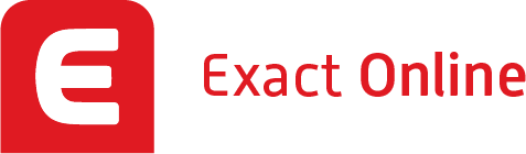 Het logo van Exact Online, met een witte hoofdletter E in een rood, afgerond vierkant, naast de merknaam in rode tekst.