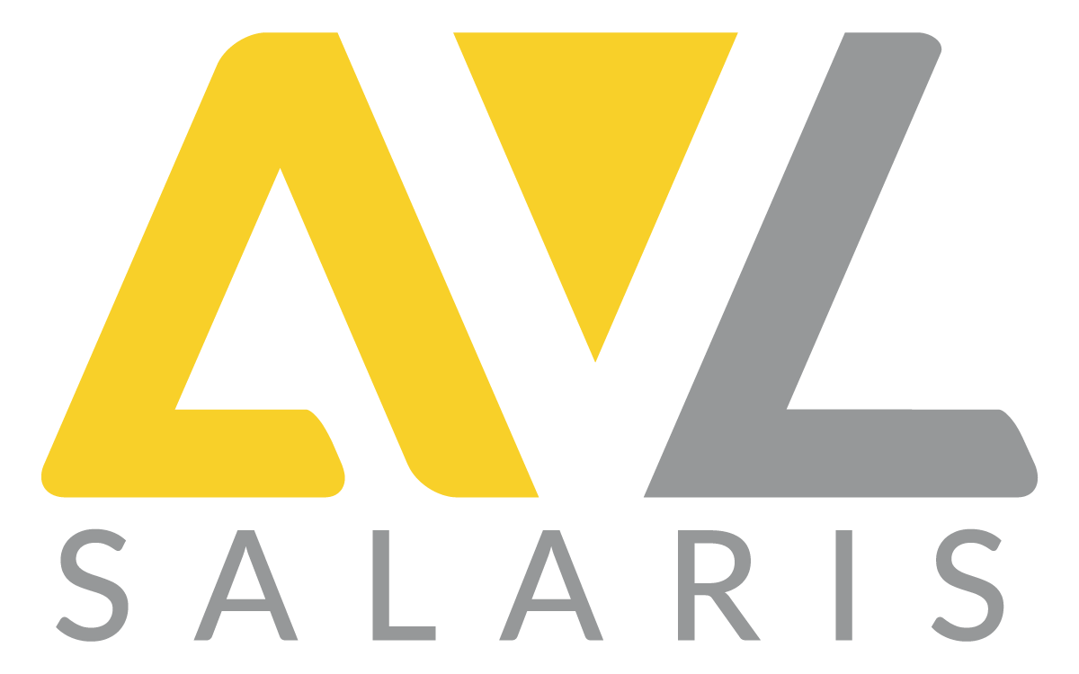 Het AVL Salaris-logo, met een gele letter A, een gele driehoekige V en een grijze letter L boven de tekst 