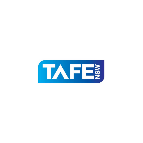 The tafe nsw logo is blue and white on a white background.