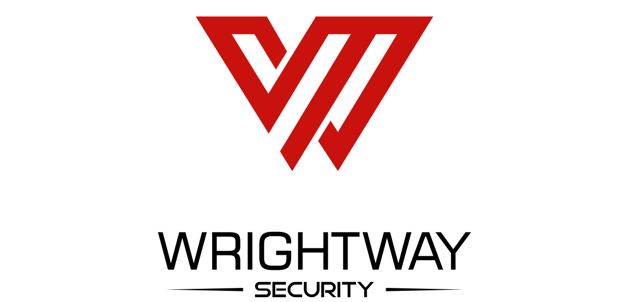 A logo for wrightway security with a red triangle on a white background.