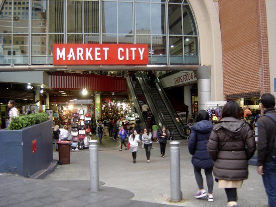 People walking in front of a market city building