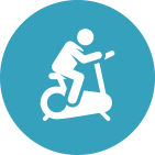 A man is riding an exercise bike in a blue circle.