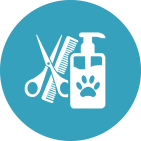 White grooming tools and shampoo with paw print on a blue background, symbolizing pet grooming services.