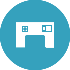 White sewing machine icon on a blue circle.