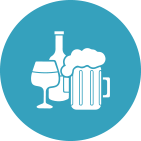 White icons of a wine glass, bottle, and beer mug with foam, on a blue circle background.