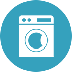 An icon of a washing machine in a blue circle.