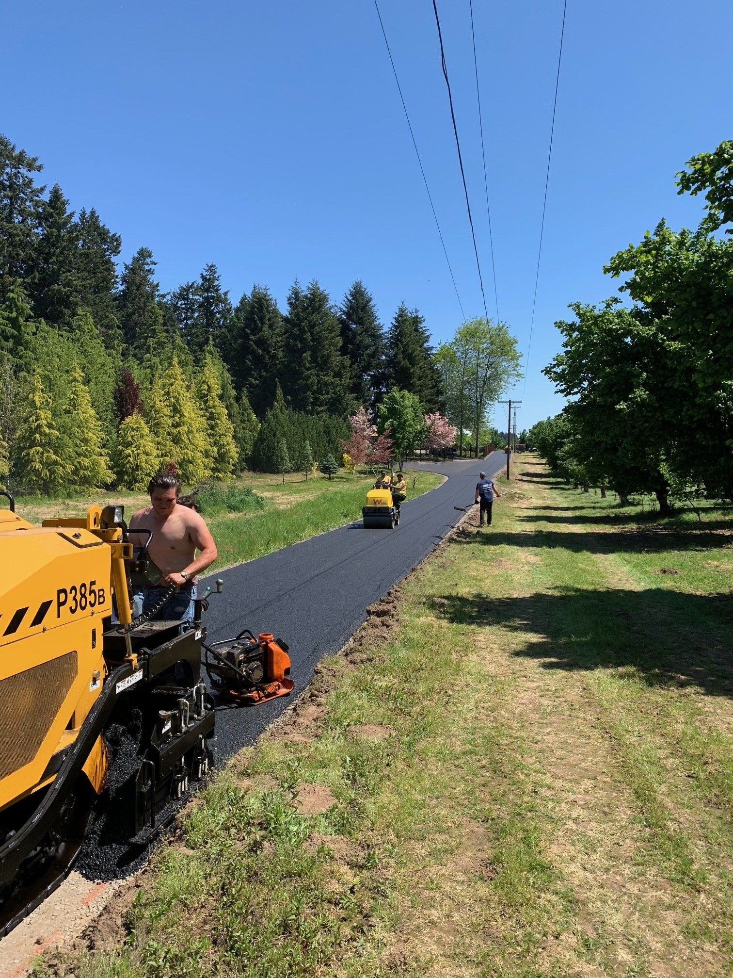 Road construction: Worker operating paving machine on newly laid asphalt road. Other workers and equipment visible. Green trees and sky.