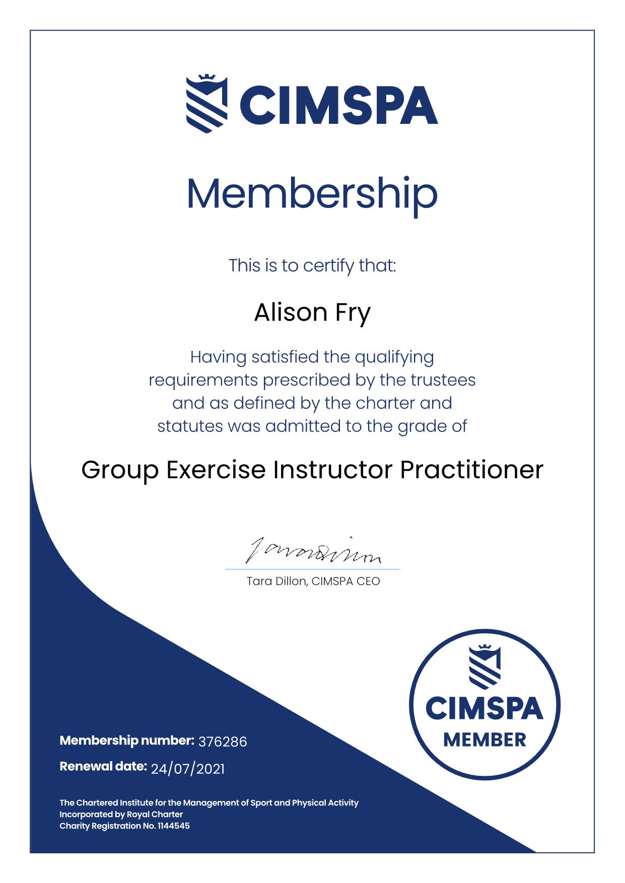Group Exercise Instructor Practioner with CIMSPA - 24th July 2020