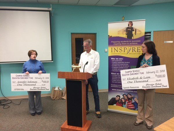Pictured from left to right: Mrs. Jennifer Solomon, Champion third grade teacher, Mr. Russell Banks, President of the Champion Schools Educational Enrichment Council, and Mrs. Elizabeth de Leon, Spanish teacher at Champion High School.