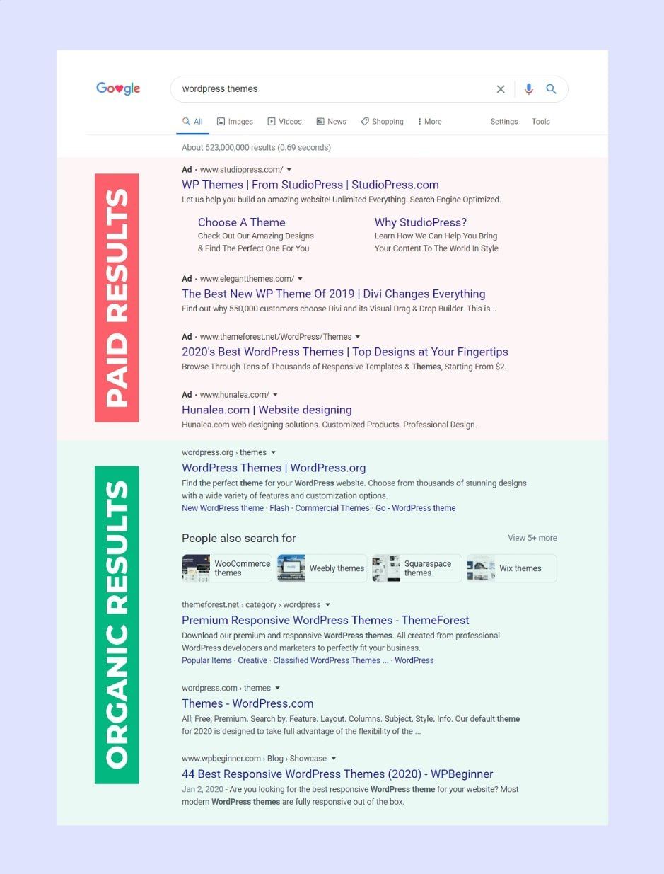 google search description of where you find SEO and SEM in search. (See the picture)