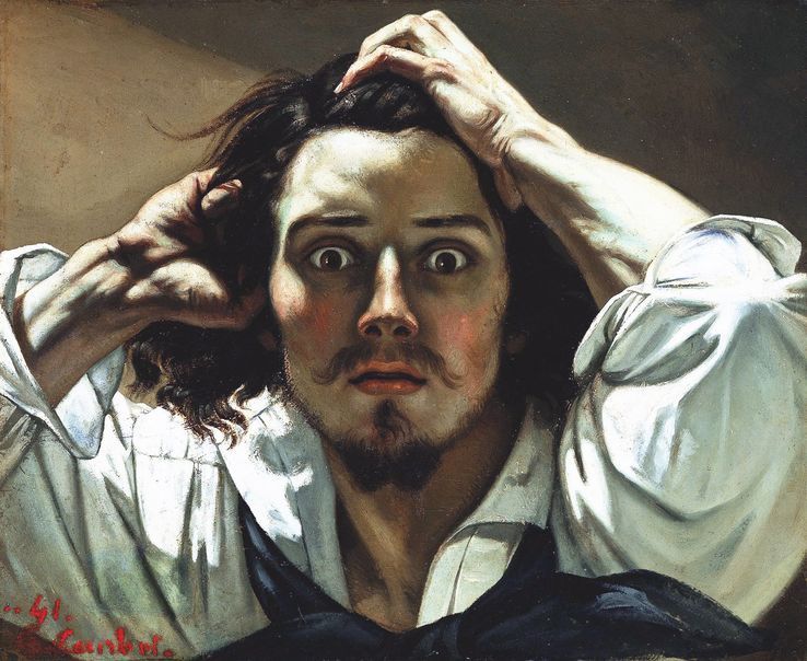 Une peinture d'un homme avec ses mains sur sa tête