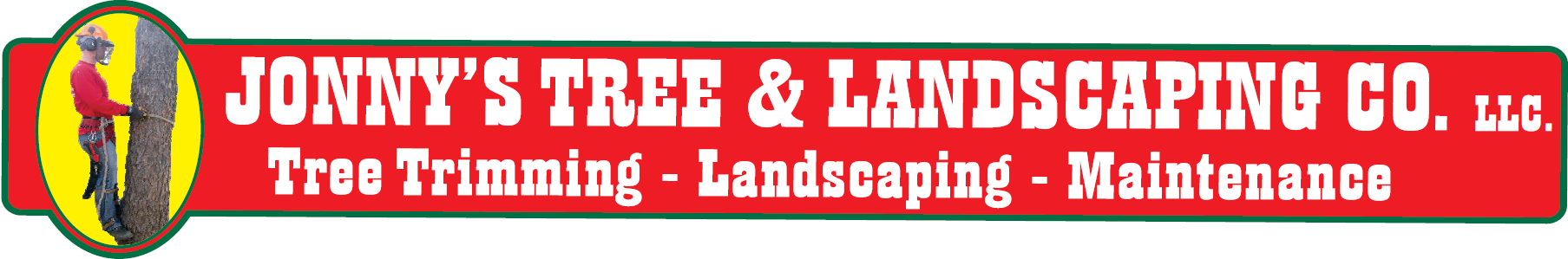 Logo of Jonny's Tree & Landscaping Co. in white text on a red background with a tree worker graphic.