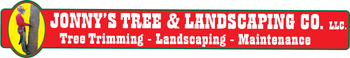 Logo of Jonny's Tree & Landscaping Co. in white text on a red background with a tree worker graphic.
