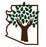 Arizona outline with brown tree trunk, hands, and green leaves.