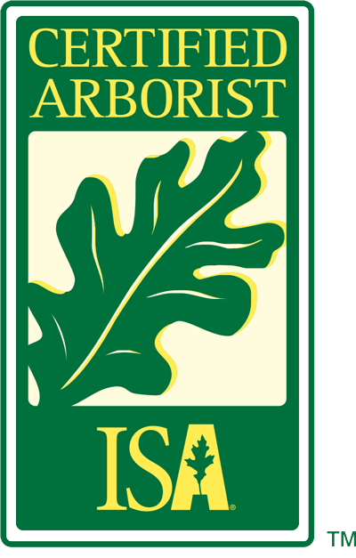 Certified Arborist logo with green text and leaf on a yellow background, ISA logo at the bottom.
