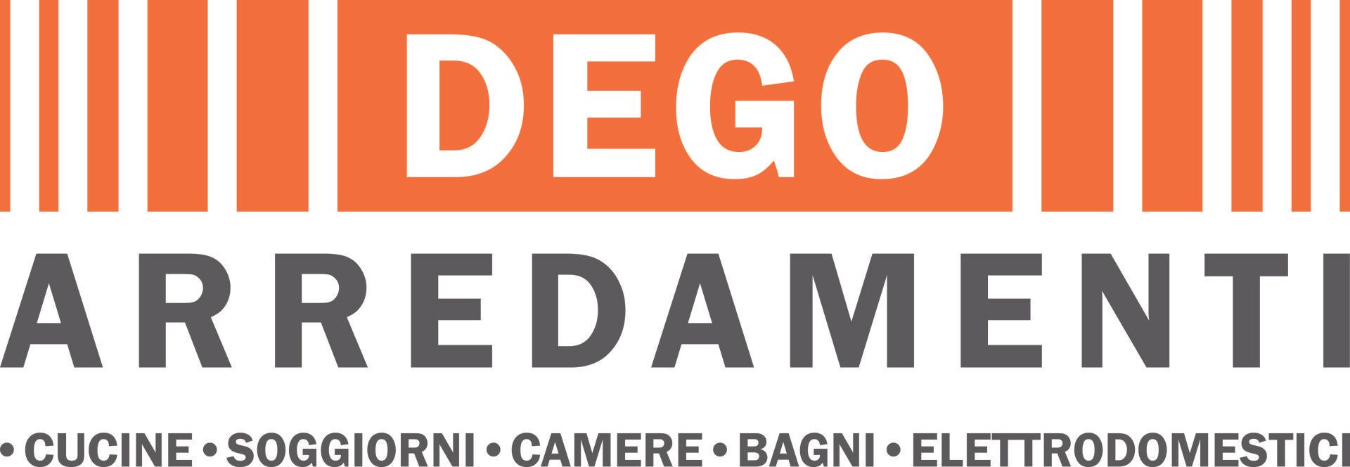 Logo per “DEGO ARREDA” con testo arancione e grigio e una piccola riga di categorie di articoli per la casa sottostanti.