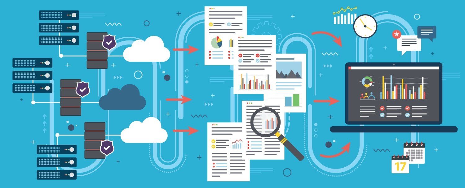 illustration of a variety of charts and data reports with graphs