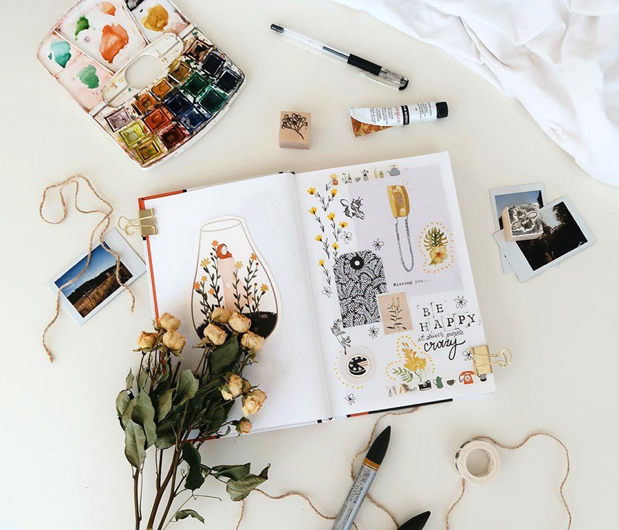 materials for making a scrapbook; pens, stamps, paints.