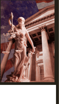 Lady Justice infront of American flag and courthouse Lady Justice infront of American flag and courthouse