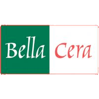 The bella cera logo is green and white with a red border.