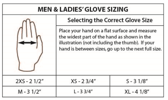 A men and ladies glove sizing chart showing the correct glove size