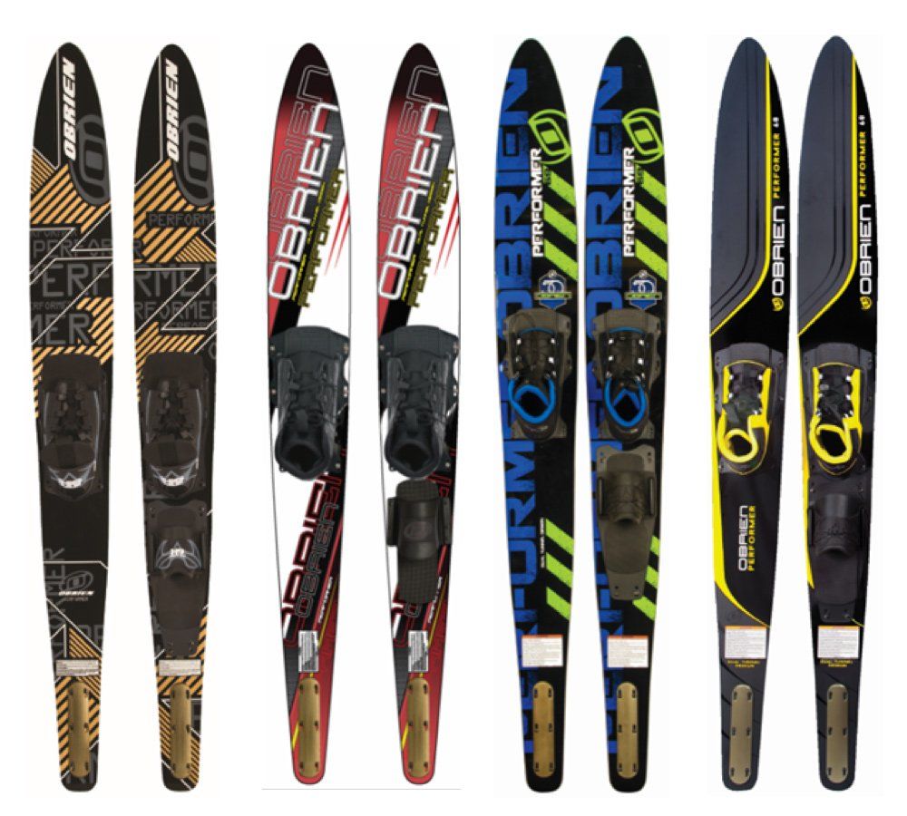 A row of skis with the word obrien on them