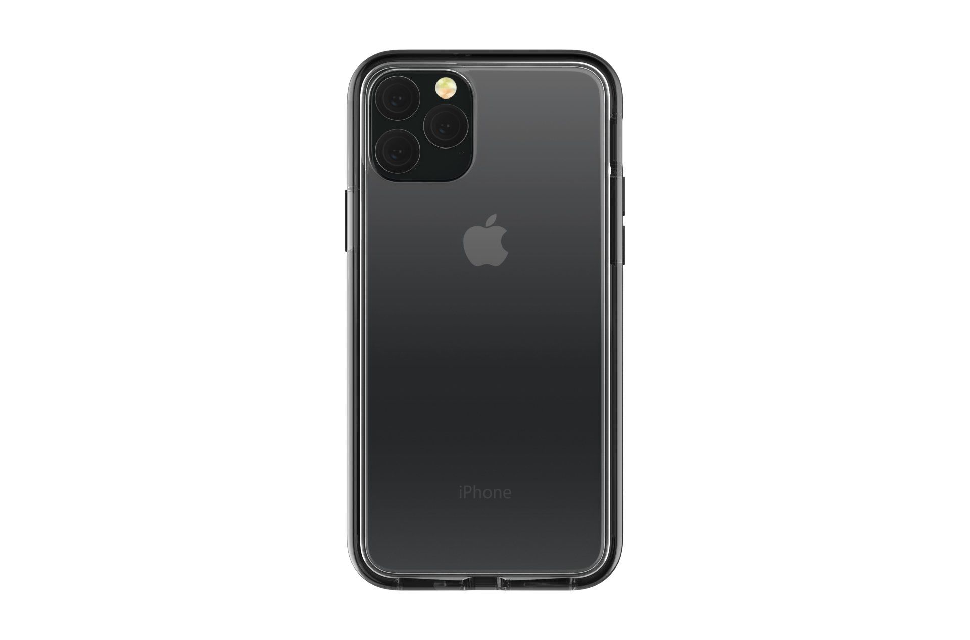 The back of a black iphone 11 pro with a clear case.