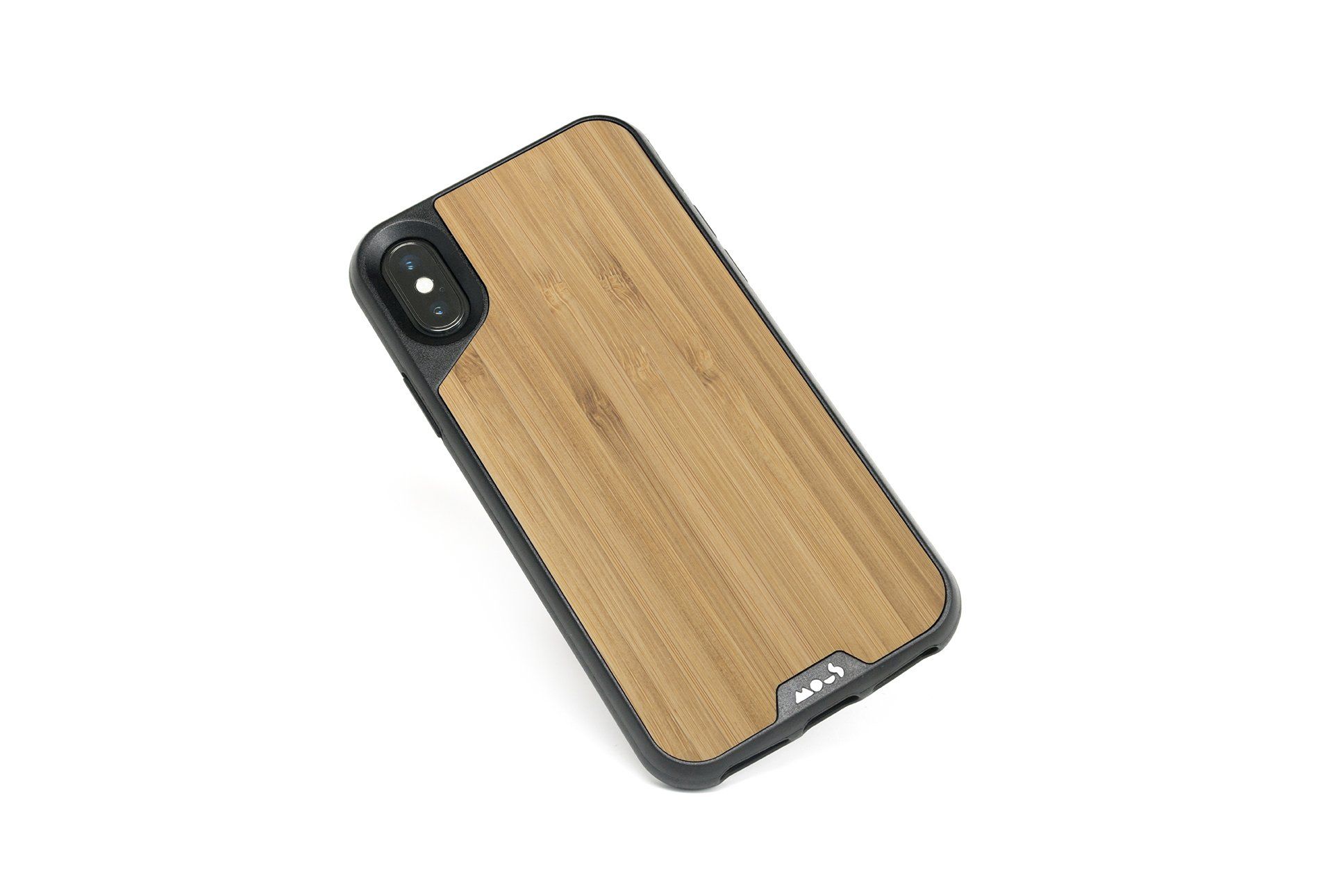A cell phone with a bamboo case on it.